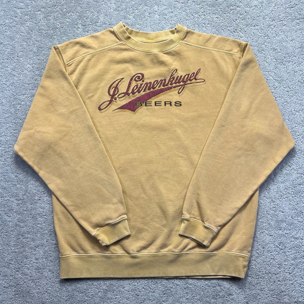 VINTAGE Anvil Chroma Zone Sweatshirt Mens L Yellow Leinenkugel Beers Distressed
